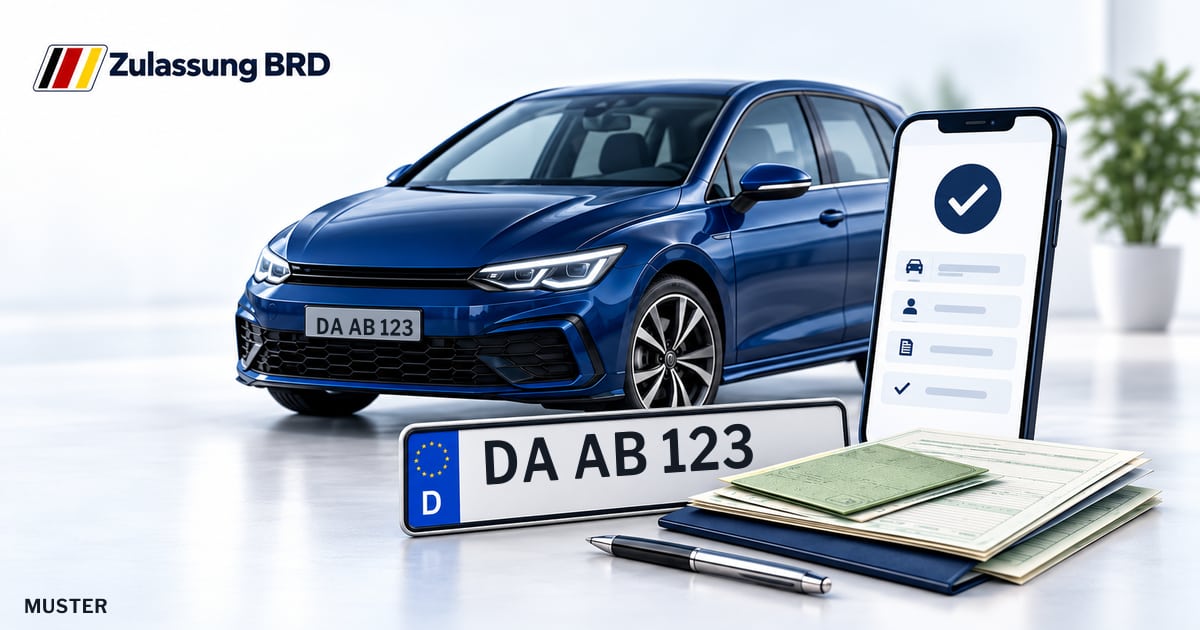 Online Fahrzeugzulassung in Reinheim: Musterkennzeichen DA AB 123, Auto und Fahrzeugpapiere und Smartphone. Illustration mit Logo von Zulassung BRD.